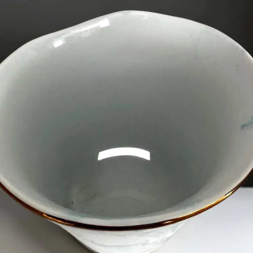 Small Blue Marble Porcelain Cachepot Planter | White & Aqua Swirl Vase Gold Trim